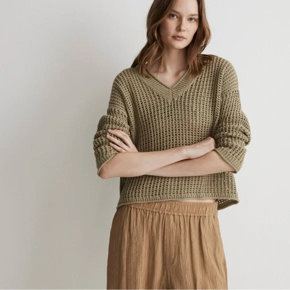 Madewell Oversize‎ Open Stitch Fisherman Pullover Sweater Heather Seedling NEW - Picture 2 of 8